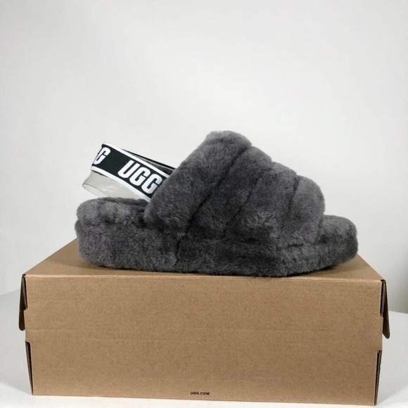 UGG FLUFF YEAH Sandals Slide Charcoal - Women Size - Picture 1 of 4